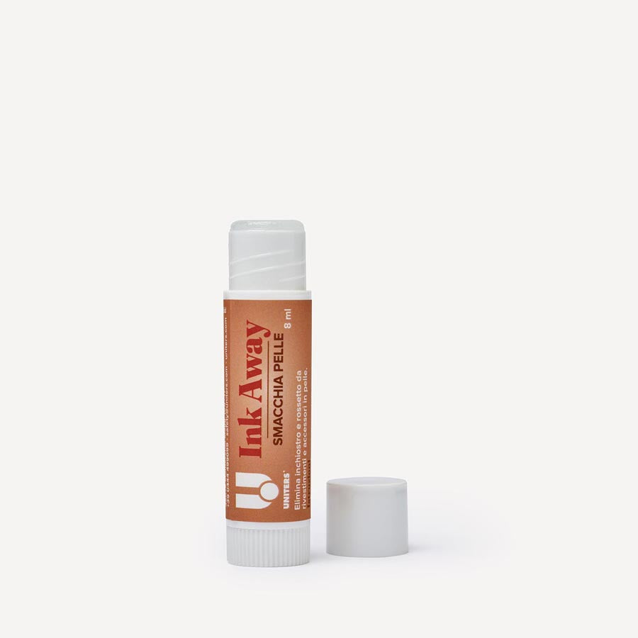 Uniters "Ink Away - Smacchia Pelle" Elimina inchiostro e rossetto fresco da rivestimenti, accessori in pelle. Stick pratico, azione rapida e precisa. Tappo svitato.