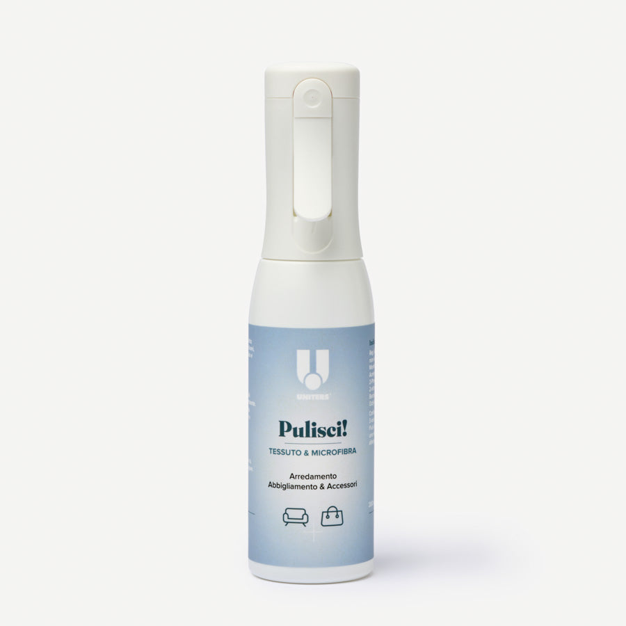Uniters "Pulisci! Tessuto e Microfibra" spray per arredamento, abbigliamento e accessori.