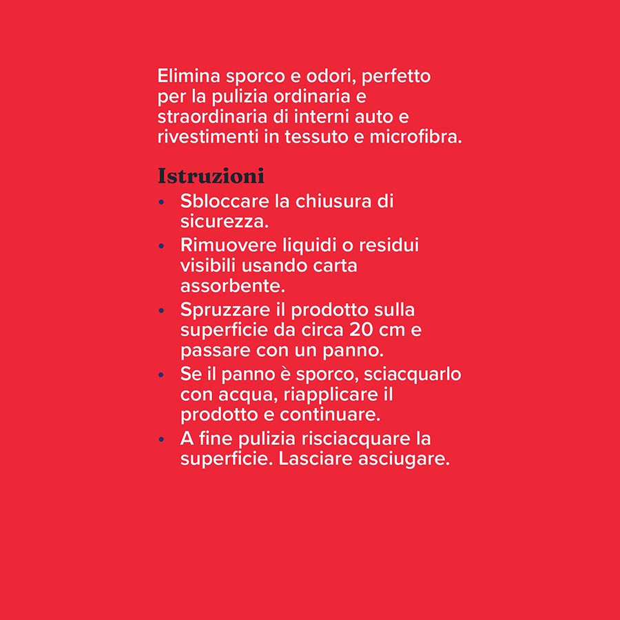 Istruzione del prodotto ricarica "Pulisci! Tessuto e Microfibra - Interni Auto"