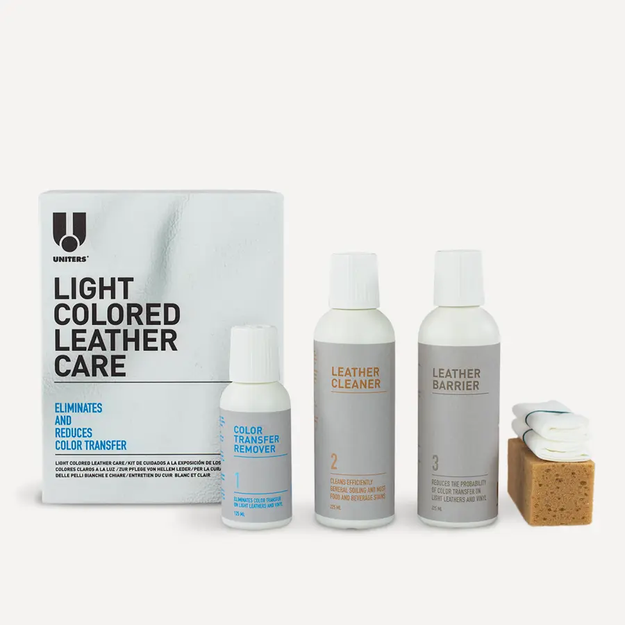 Uniters Light Colored Leather Care kit contenente Color Transfer Remover, Leather Cleaner, Leather Barrier, 2 panni e 1 spugna